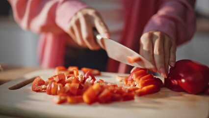 Unknown woman slicing vegetables chopping board kitchen closeup. Hands cutting