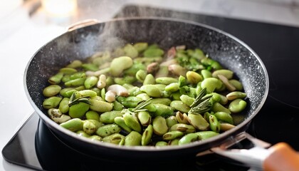 fava beans being cooked in a hot sizzling pan with garlic and fresh herbs captured in the kitchen