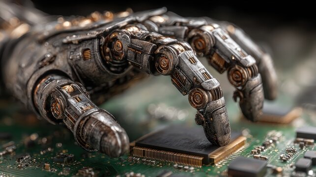 Close-up shot of a robotic hand interacting with a computer circuit board