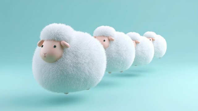 Insomnia and sleep disorder concept, Fluffy sheep in a playful line against a light blue background.