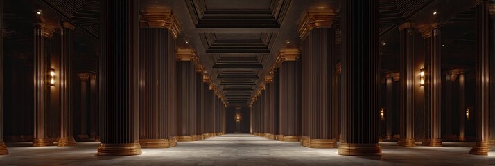 Obraz premium A long, dimly lit hallway with dark columns and gold accents, receding into perspective