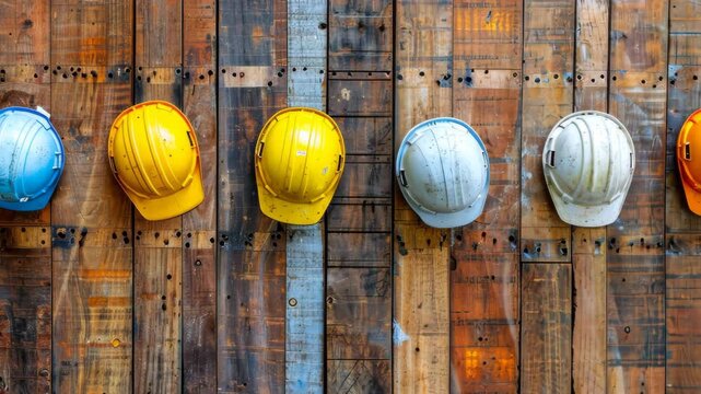 Construction Helmets on Wooden Wall: A row of vibrant construction helmets, each a unique color, hangs neatly against the rough texture of a weathered wooden wall, embodying safety and industry.