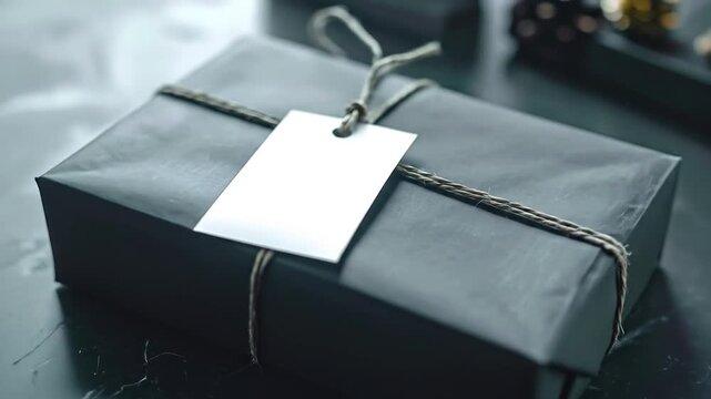 Wrapped Black Gift Box Tied With Twine and White Tag on Marble Surface for a Festive Holiday Celebration and Special Occasion