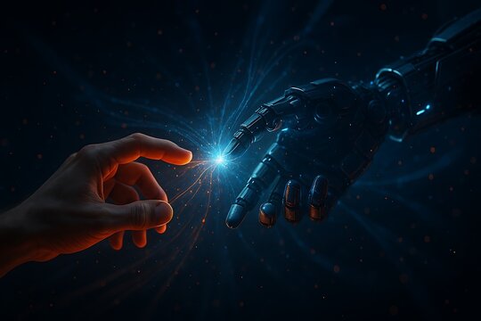 Human and Robot Hands Connecting in a Futuristic Technological Interface Sparking Innovation and Exploring the Convergence of Artificial Intelligence and Human Potential