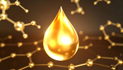 A radiant, golden oil droplet is highlighted against a backdrop of intricate molecular structures, creating a visually captivating image.