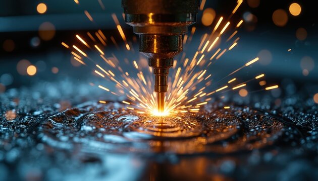 Electrical discharge machining process creating sparks, bubbles. Precision metal cutting using advanced technology in industrial workshop setting. Sparks illuminate water, metal surface, indicating