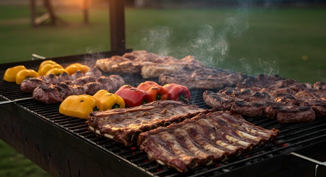 "Traditional Uruguayan Asado on outdoor parrilla with friends playing guitar and drinking wine"