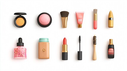 Obraz premium Professional Cosmetics 3D Icon Set for Makeup Tools with Powder Cream