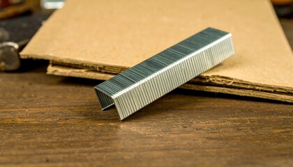 Metal staples resting on a wooden surface.