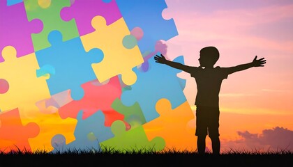 A child's silhouette stands tall against a vibrant, colorful jigsaw puzzle backdrop at sunset, symbolizing acceptance and understanding.