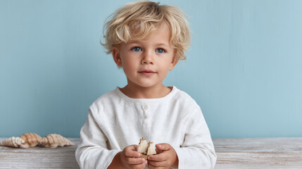 in tranquil setting child holds toy ship gazing dreamily into light blue background
