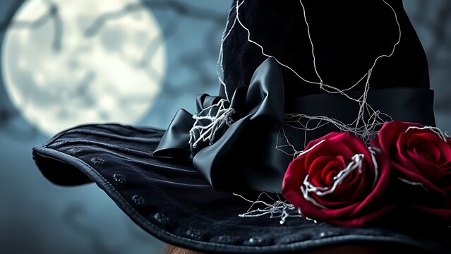 A velvet witch hat adorned with silver cobwebs and black satin ribbon, set against a mysterious moonlit Halloween backdrop.