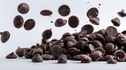Fototapeta premium Scattered Dark Chocolate Chips in the Air - Close-up Chocolate Chips Image