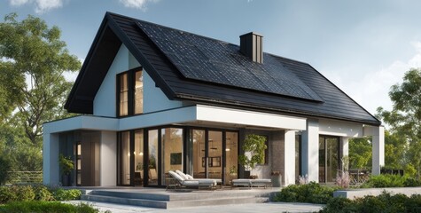 Modern solar home, suburban setting, sunny day, backyard patio