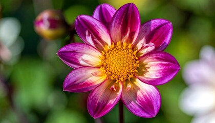Obraz premium Close-up view of a vibrant dahlia flower, showcasing its rich purple and creamy yellow petals, and a bright yellow center.