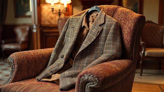 Brown Tweed Jacket on Antique Chair in Luxurious Room