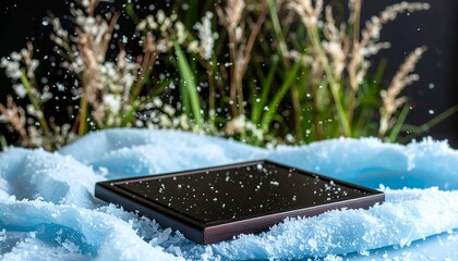 A dark rectangular tray rests on a bed of icy blue fabric, amidst falling snow,  surrounded by delicate floral elements.
