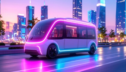 Futuristic Autonomous Bus on City Road at Sunset with Neon Lights.