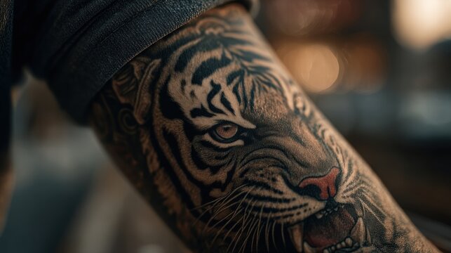 Intricate tiger tattoo design on a forearm