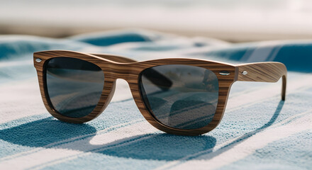 Wooden sunglasses resting on beach towel, sharp shadows avoided, natural light.