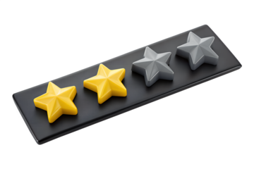 Four star rating on a black rectangular plate, two bright yellow stars and two cool gray stars, concept of review and feedback