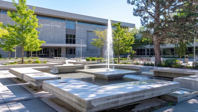 Modern building courtyard fountain, sunny day, landscaping, campus setting