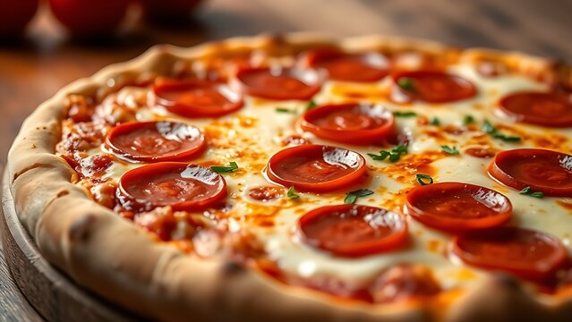 Close-up of a pepperoni pizza with melted cheese, showcasing appetizing details.
