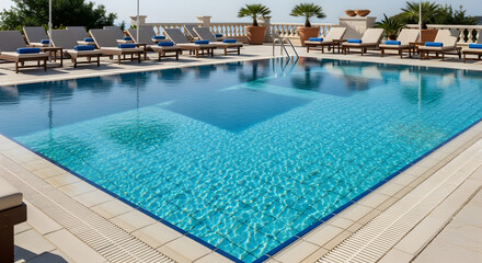 Empty poolside with sun loungers and towels, clean blue water, sharp edges.