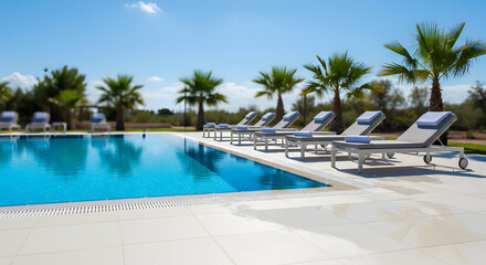Fototapeta premium Empty poolside with sun loungers and towels, clean blue water, sharp edges.