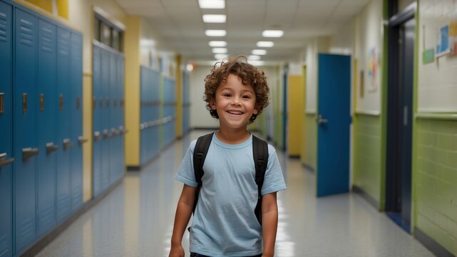 Smiling child with backpack in school hallway during daylight