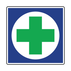 Doctor on Call Identification Sign – Green Medical Cross on White Circle and Blue Background  Emergency Health Services Vector