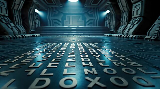 Cryptic Code in Futuristic Hall: A mesmerizing perspective of a futuristic, high-tech hall reveals an intricate arrangement of alphabet tiles on the floor beneath a celestial-inspired glow.