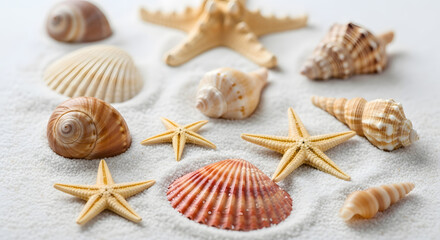 Sea shells and starfish on white sand, macro shot, high clarity.