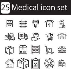 A collection of twenty five black and white line art icons related to logistics and delivery services