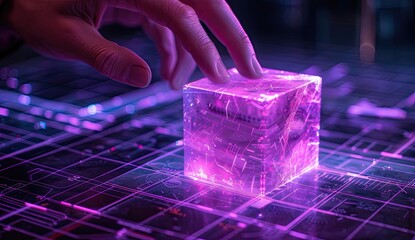 Hand interacts with glowing data cube on futuristic interface