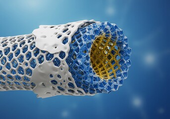Intricate Carbon Nanotube Structure with Blue and Gold Interior on Gradient Blue Background