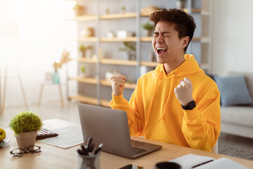 Excited asian man emotionally celebrating success using laptop in home office, sitting at desk...