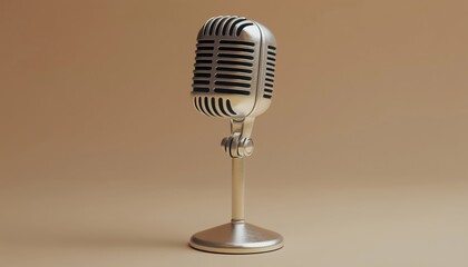 Silver Metal Retro Microphone Realistic Mockup: Square Shape Microphone On Short Leg And Stand For Music Award Model Template, Karaoke, Radio And Recording Studio Sound Equipment.