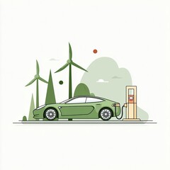 Green electric car charging, wind turbines, hills. Eco-friendly transportation illustration