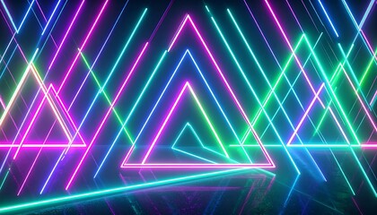 Vibrant neon triangles and lines create a dynamic and futuristic scene, bathed in a spectrum of bright colors.