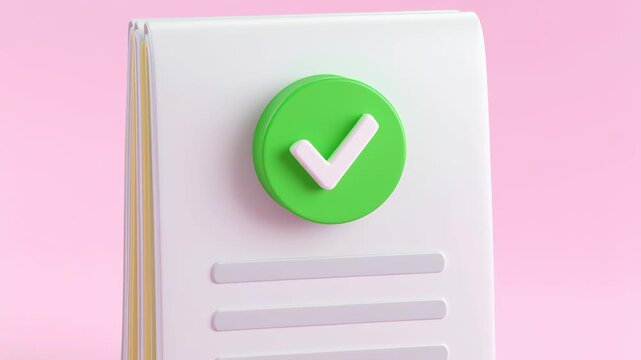 Job hiring recruitment and human resource concept, 3D document with a green checkmark on a pink background.
