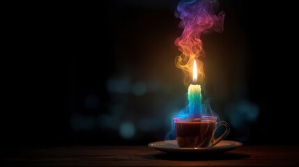 Candle in tea cup with colorful smoke