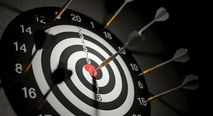 Precision aiming achieved hitting bullseye on dartboard with multiple near misses