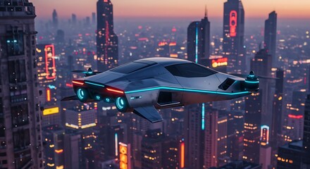 Futuristic Flying Car Soaring Over Neon Cityscape at Dusk:  High-Tech Drone Vehicle Concept