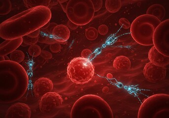 Nanobots Targeting Cancer Cell Amidst Red Blood Cells in a Medical Illustration