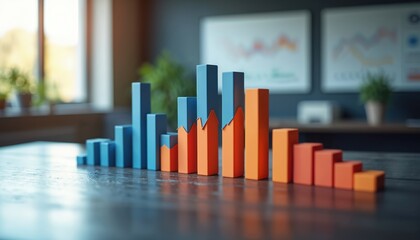 3D bar chart displaying data analytics, visualization trends. Blue, orange bars show growth, decline on table. Background features blurred charts, plants, suggesting modern office environment.