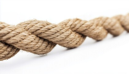 Detailed Close-Up Shot Of A Taut Rope Against A White Background Showing Strain And Pressure. High Resolution Image Of Rope Stress.