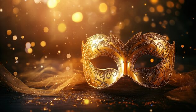 Glamorous Golden Venetian Ball Mask On Dark Background With Space For Text. Perfect For Masquerade Parties Or Holiday Celebrations.