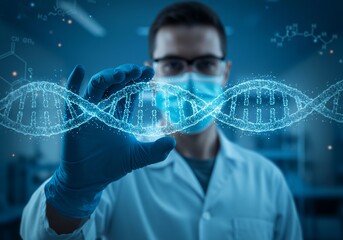 Scientist in lab coat holds glowing DNA strand with chemical structures in the background