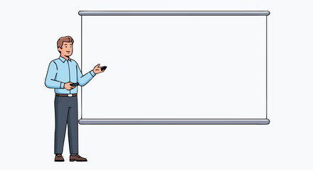 Energetic presentation from a confident professional speaker next to an empty screen in a business seminar with a modern style